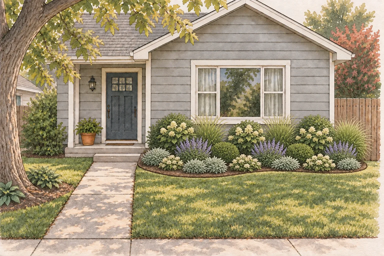 Finished entry-bed redesign: repeated layered planting with an open walk and steps