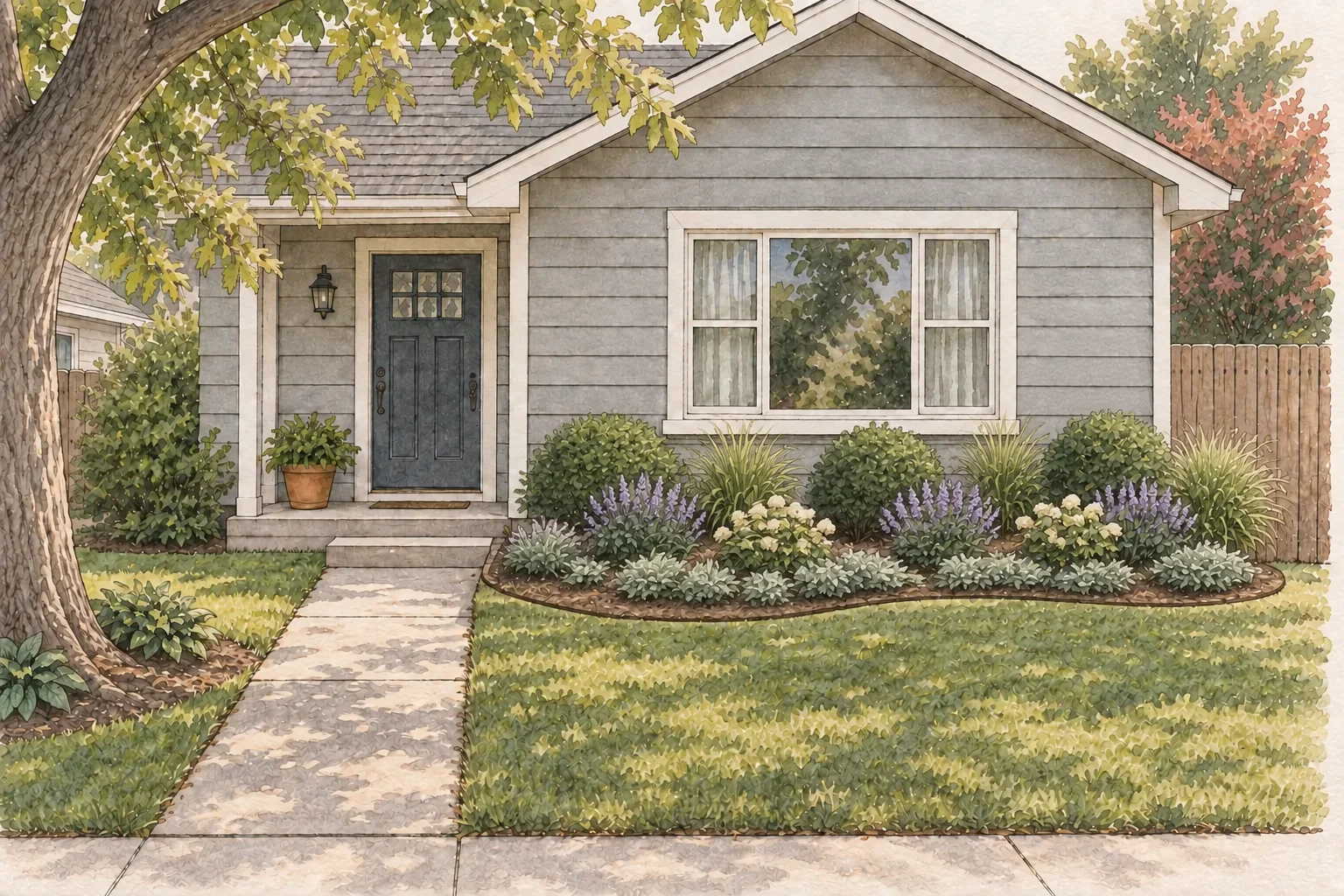 Redesigned planting direction: repeated taller and middle-height forms inside the same bed