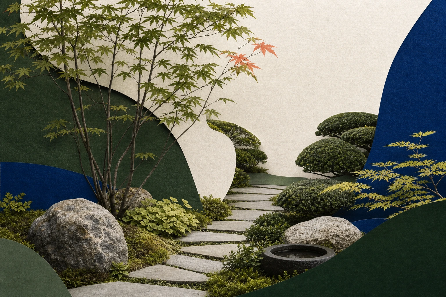 Japanese-inspired garden collage with a bending stepping path, layered maple-like tree, clipped evergreen masses, moss-like groundcover, stones, and a water basin