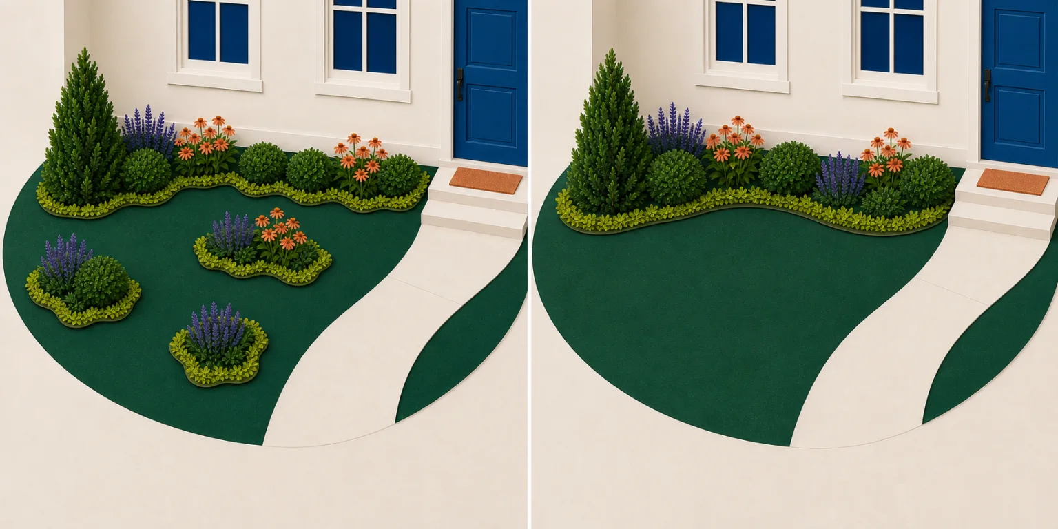 The same cut-paper house shown with fragmented narrow planting beds on the left and one connected bed surrounding a calm open lawn shape on the right