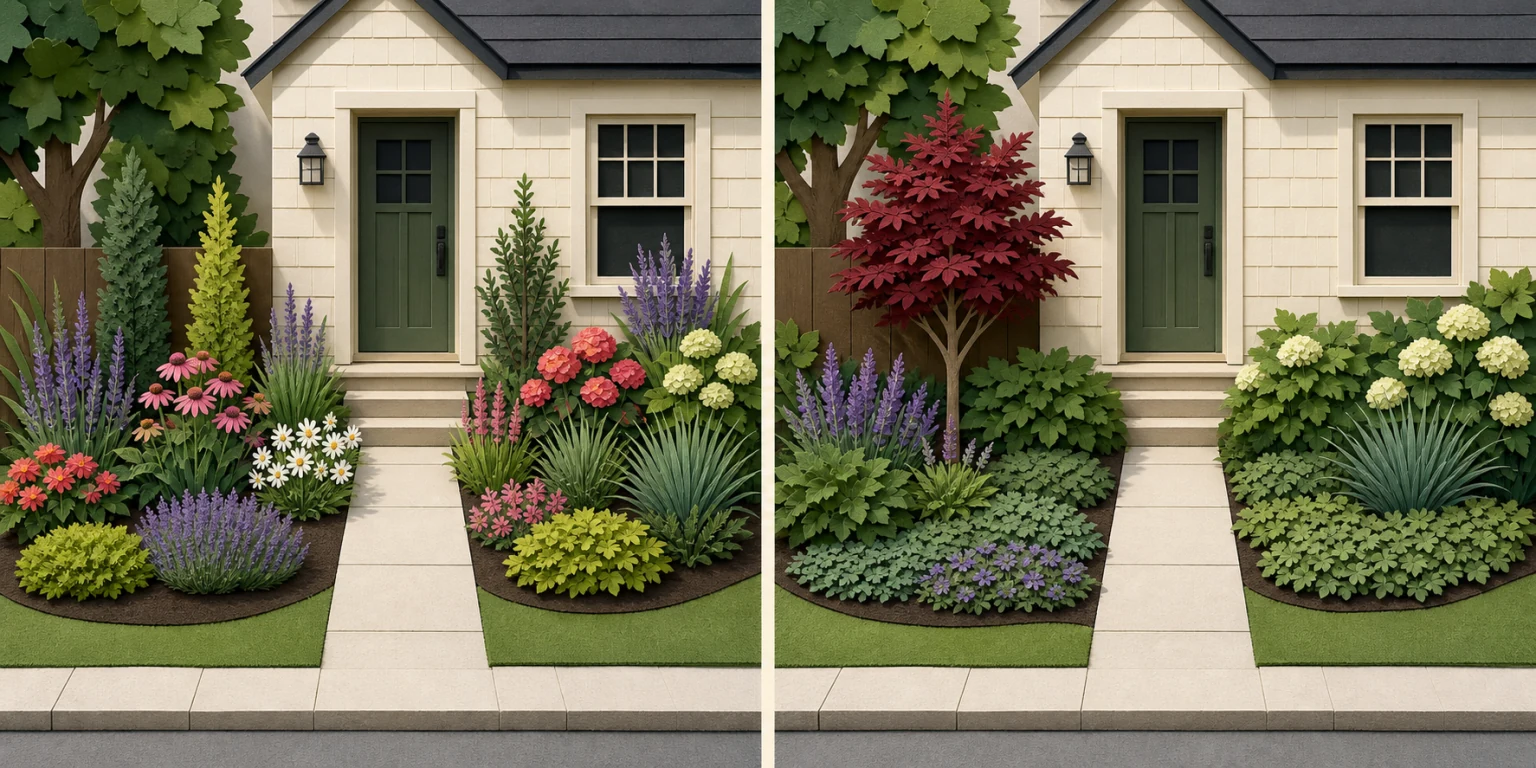 The same front entry garden shown with many equally strong accents on the left and one clear focal plant near the door supported by quieter repeated masses on the right