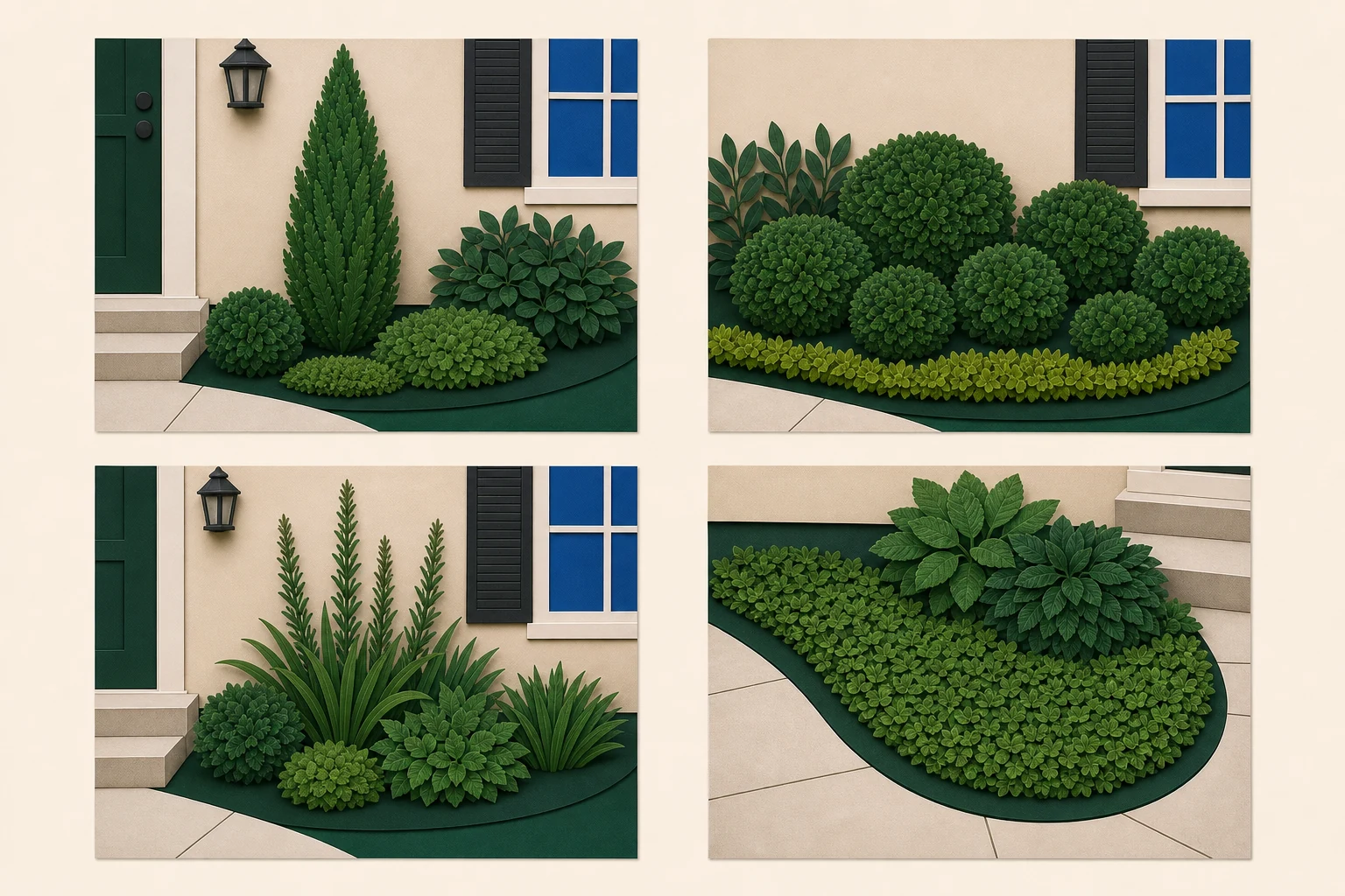 Four cut-paper garden studies showing one upright column, repeated rounded mounds, narrow airy accents, and a low ground-covering carpet with flower color intentionally restrained