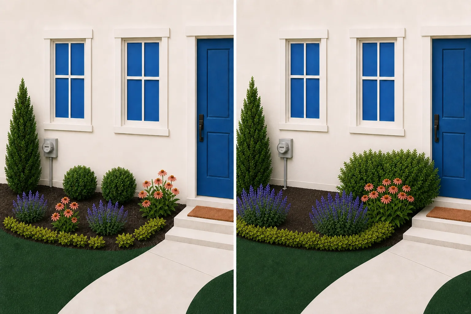 The same foundation bed shown with correctly spaced young plants on the left and those plants at mature size on the right, below windows and clear of the walk and utility meter