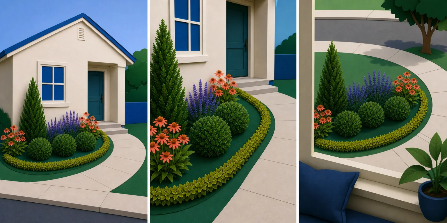 The same cut-paper entry bed viewed from the curb, close beside the walking path, and outward through a house window