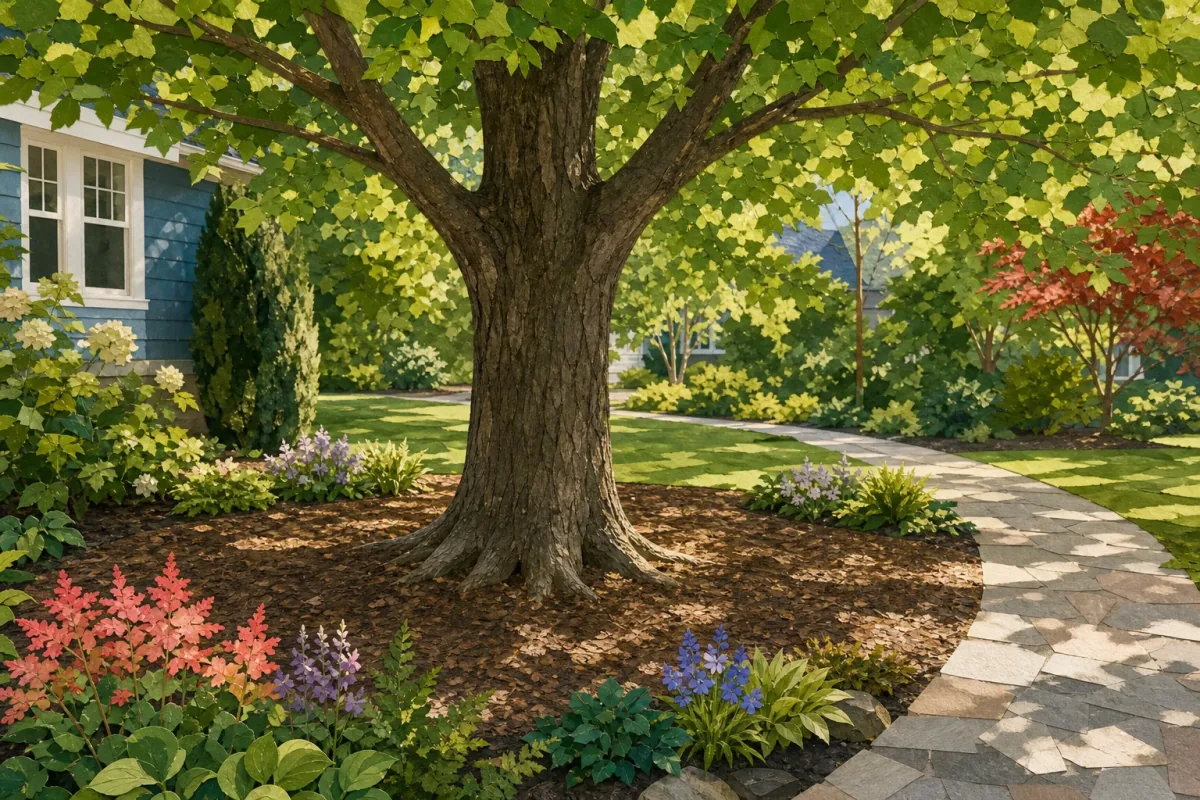 Mature shade tree with a wide mulched root zone, visible root flare, small planted pockets, a stepping route, and an open area around the trunk