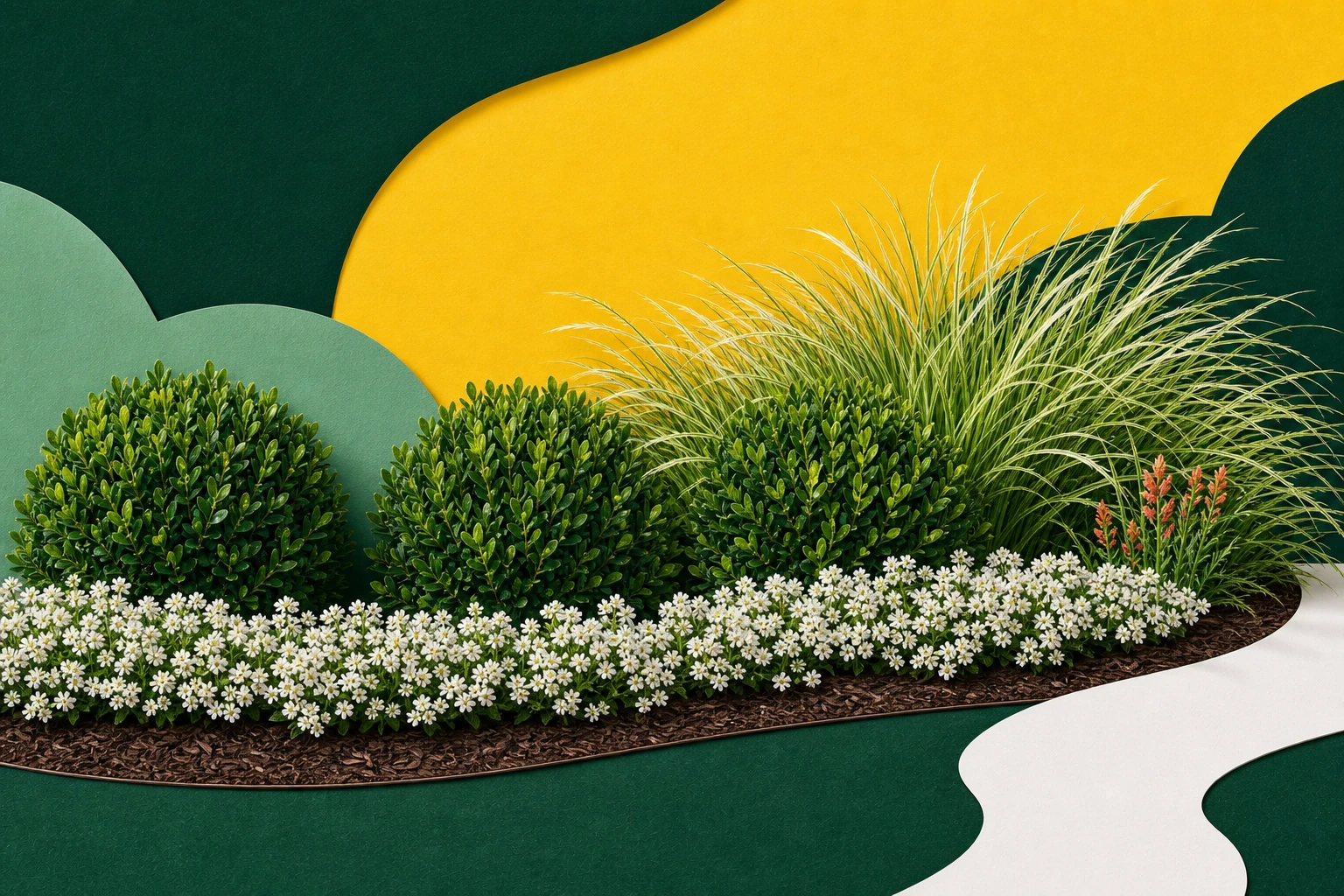 Colorful botanical collage of repeated compact evergreen shrubs, a white flowering edge, and one soft foliage mass against yellow and deep-green shapes