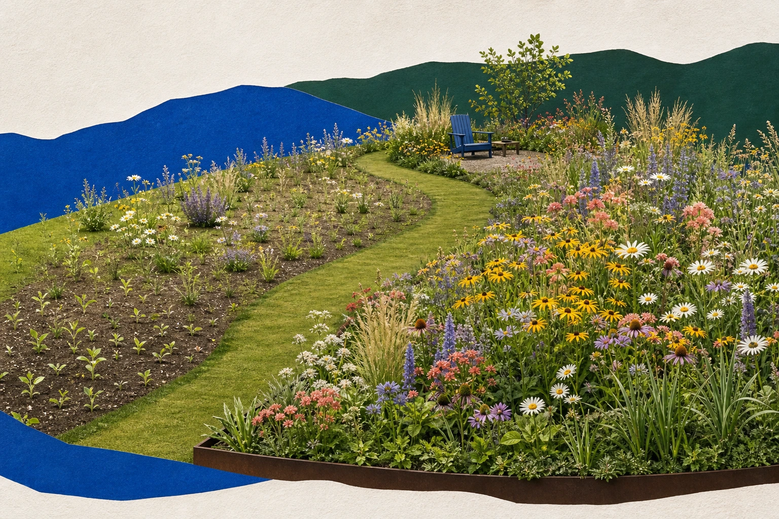 Meadow garden collage showing sparse first-year seedlings, a mature flowering meadow, a mown curved path, a crisp edge, and a small chair