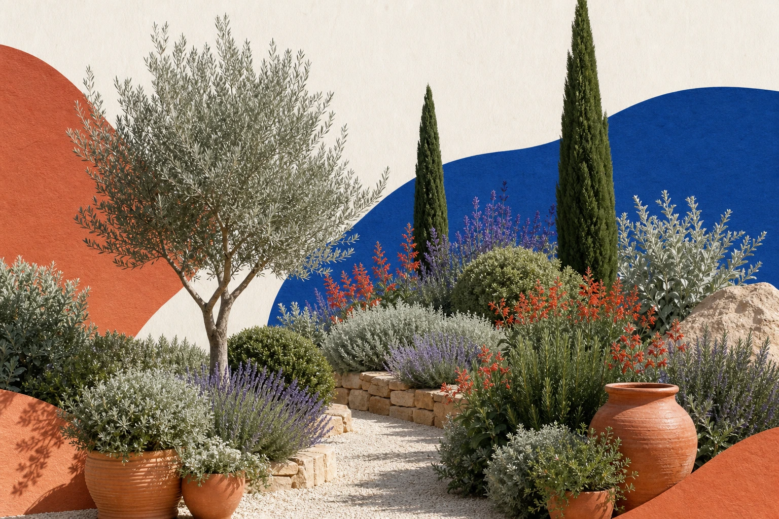 Mediterranean-style garden collage with a silver tree, dark upright evergreens, lavender planting, coral flowers, pale gravel, stone, and terracotta pots
