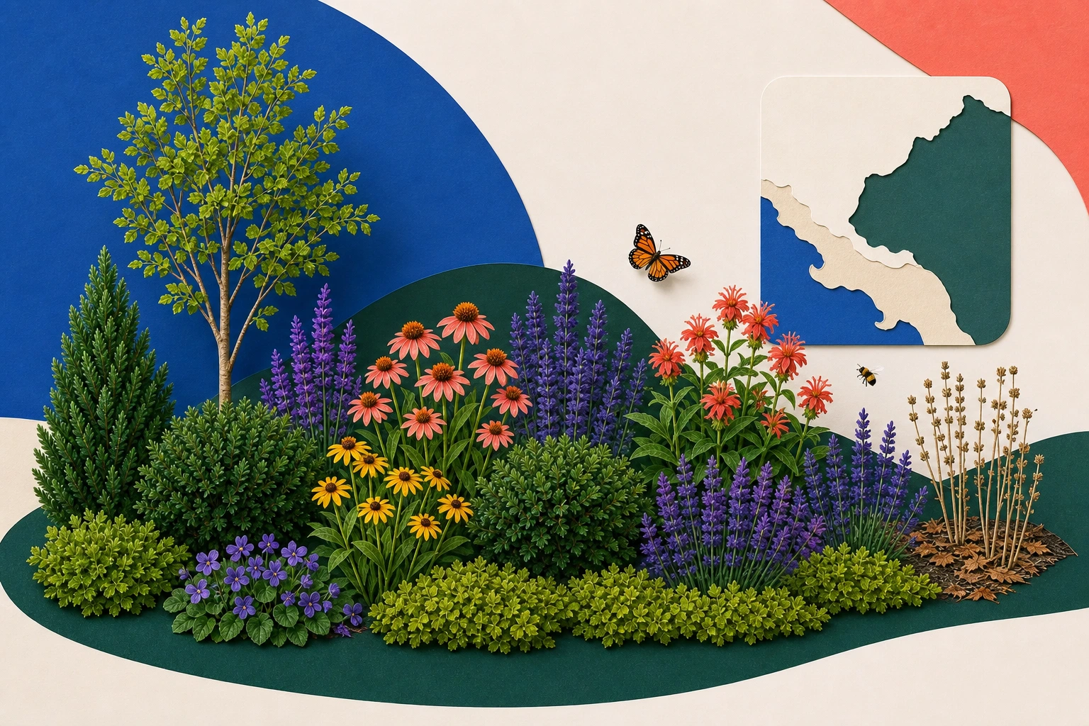 Layered native-garden collage with a small tree, shrubs, repeated flowers, a ground layer, winter stems, leaf litter, and regional map shapes