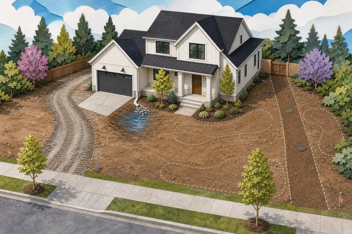 New house and unfinished yard organized into an entry garden, open access route, future planting beds, and an area of compacted soil where water collects