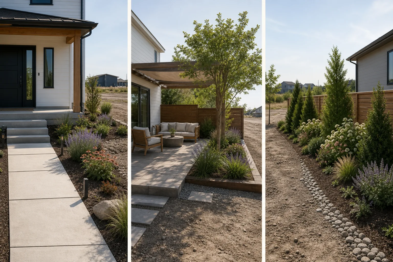 Three new-build landscaping phases showing a finished entry garden, one usable patio room, and one planted boundary while the surrounding lot remains unfinished