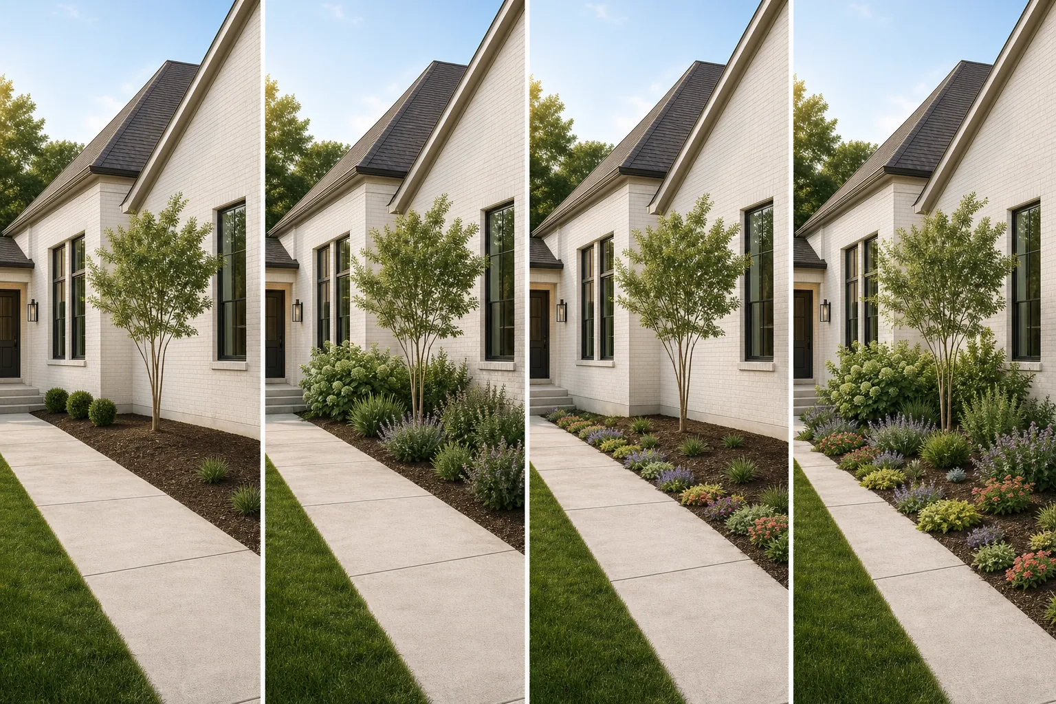 Four views of the same sunny new-build entry showing a structural anchor, repeated middle planting, a low route layer, and the complete young planting with room to grow