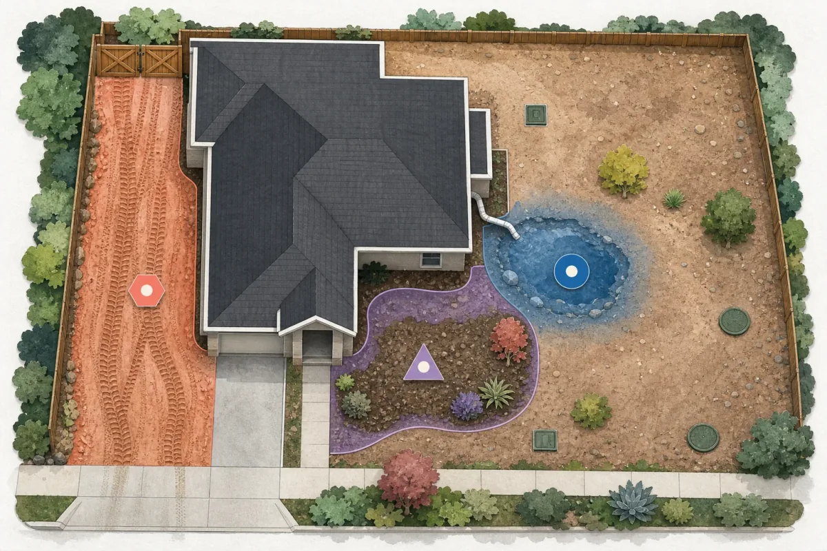 Top-down new-build yard diagram showing a compacted work zone, a low wet area, a protected utility route, and a better planting zone