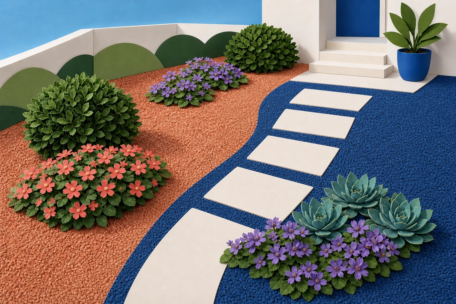 Colorful no-lawn front yard collage with white stepping slabs in blue gravel, terracotta gravel, broadleaf shrubs, flowers, and rosette plants