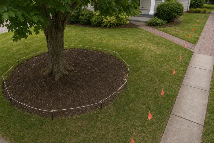 Tree root area marked with rope and utility flags across the lawn
