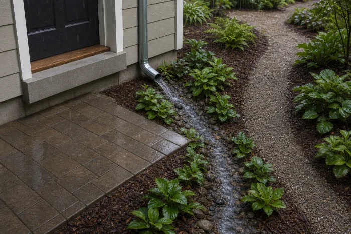 Roof runoff flowing from a downspout into a planted drainage channel