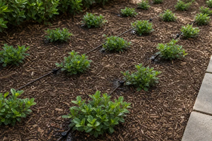 Young groundcover plugs spaced in mulch beside drip irrigation