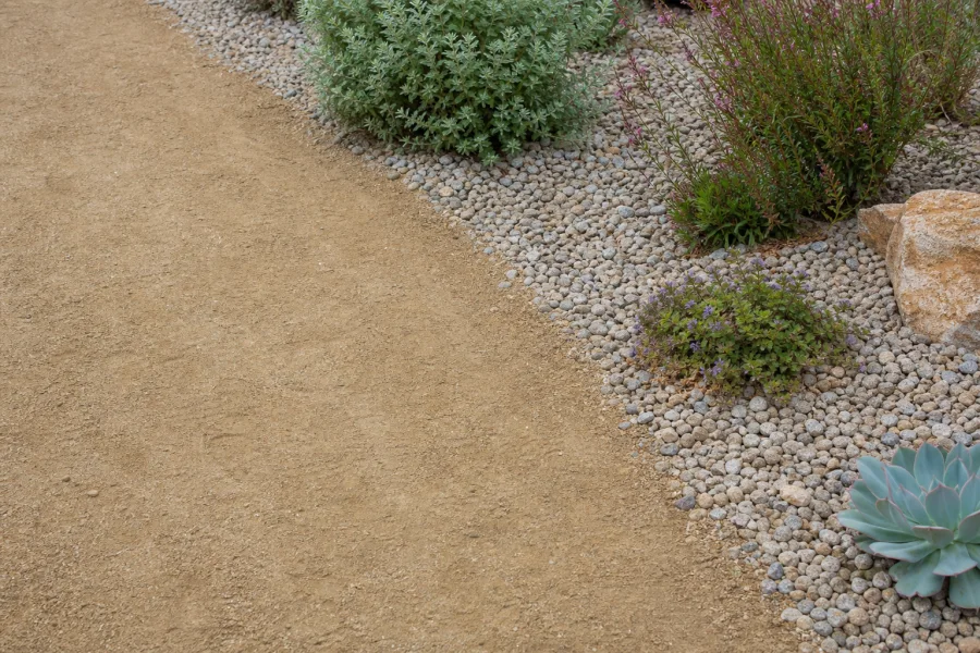 Compacted decomposed stone beside loose gravel planting