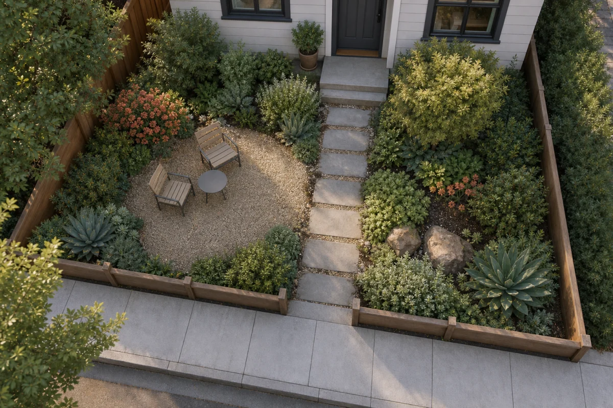 Elevated garden plan showing a small front courtyard