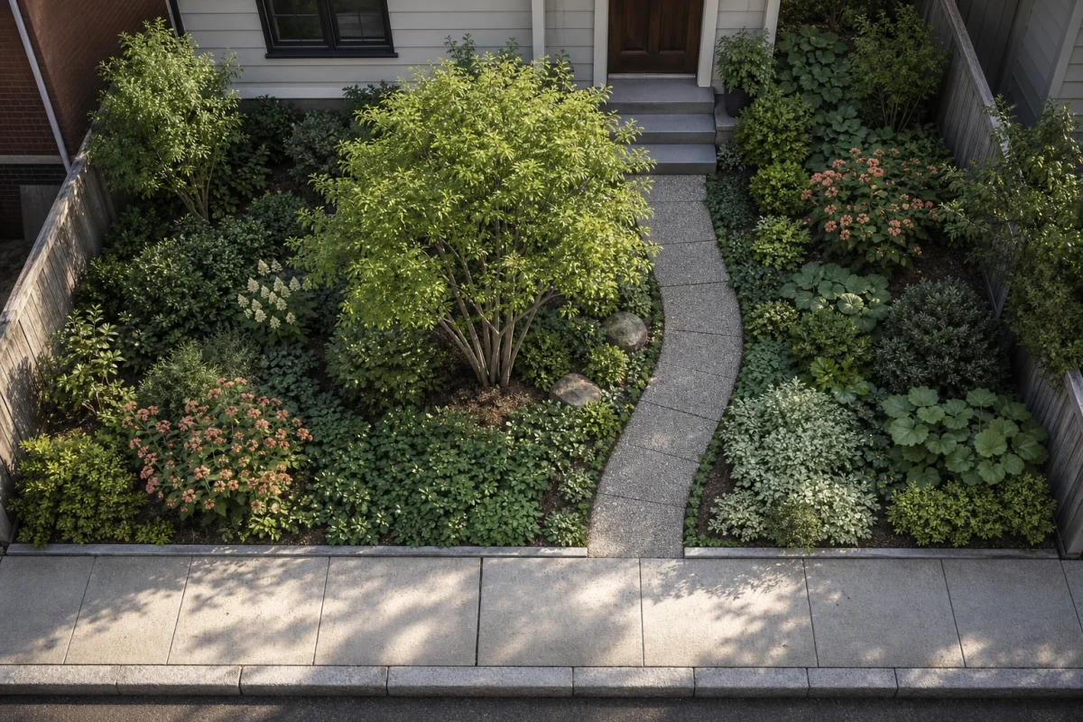 Elevated garden plan showing a layout built around an existing tree