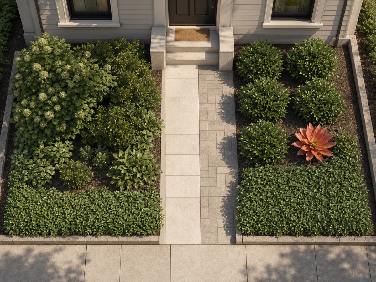 Elevated plan for compact sidewalk-to-stoop yard, showing a widened route, two planting masses, low foreground coverage, and one accent plant