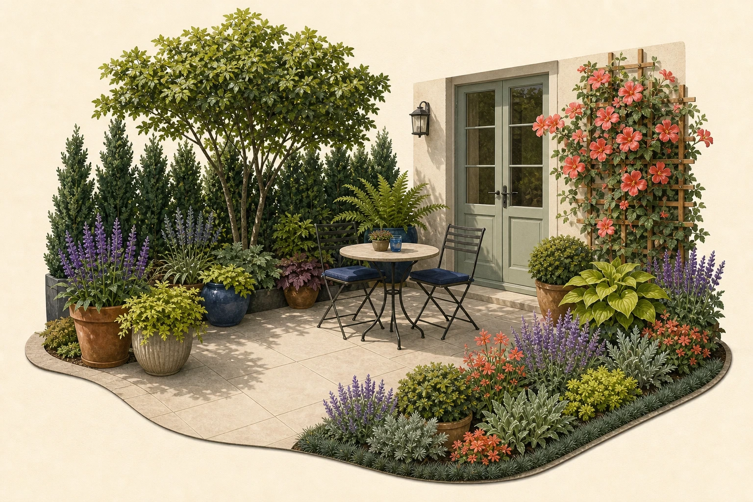 Compact patio with a clear walking route, round table and chairs, a small shade tree, layered privacy planting, a climber, repeated containers, and a low planted edge