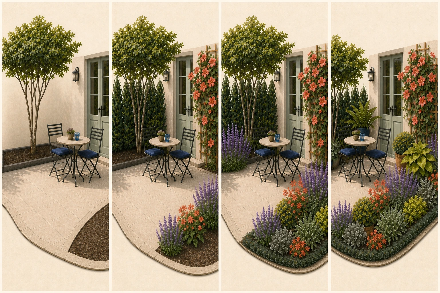 Four-stage sequence adding one structural tree, a vertical screen, repeated lavender and coral flowers, and a low chartreuse and silver edge to the same patio