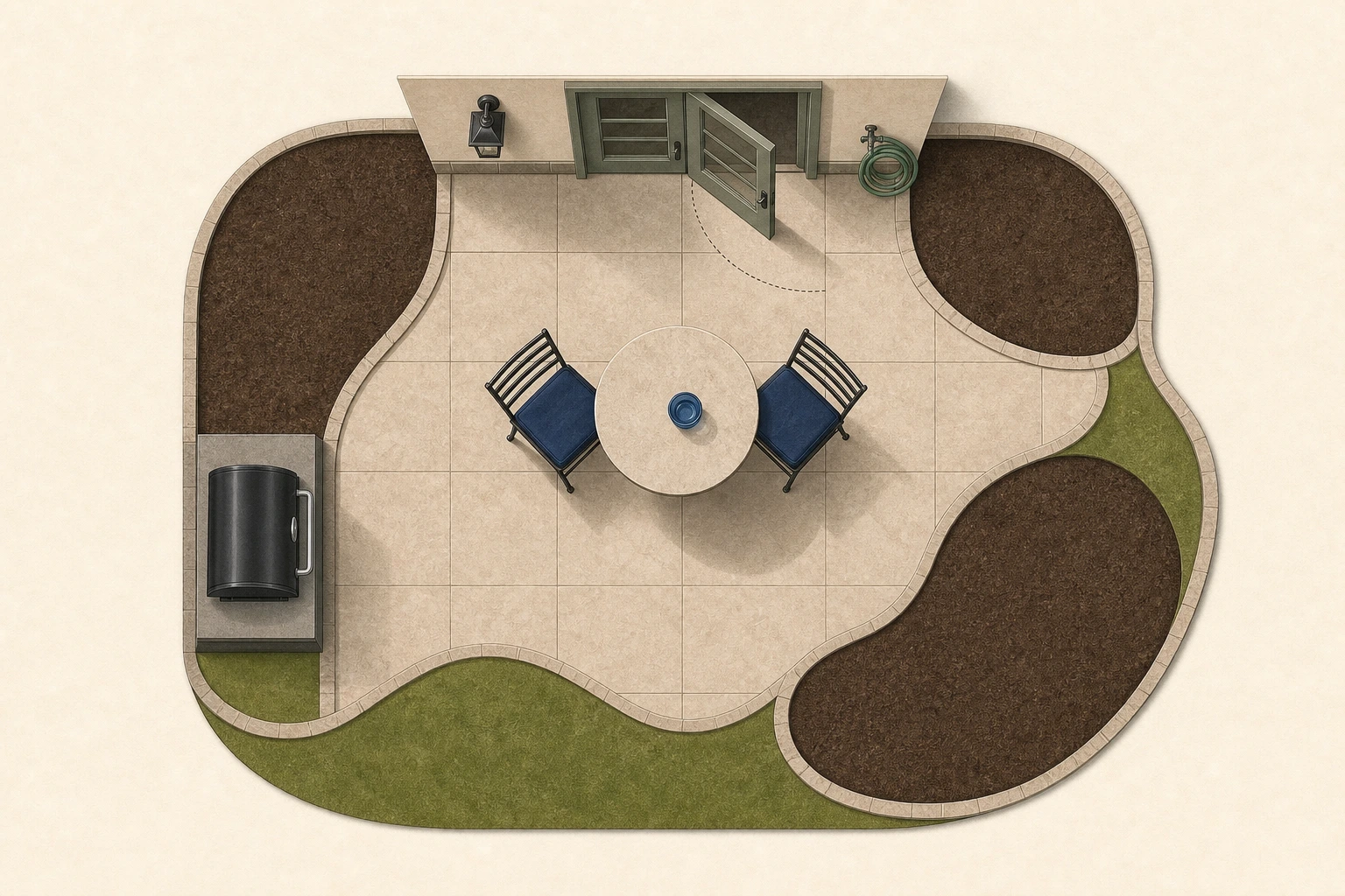 Top-down patio plan showing an opening door, a round table with two pulled-out chairs, a clear route, a separate grill, a hose point, an open view, and three empty planting pockets