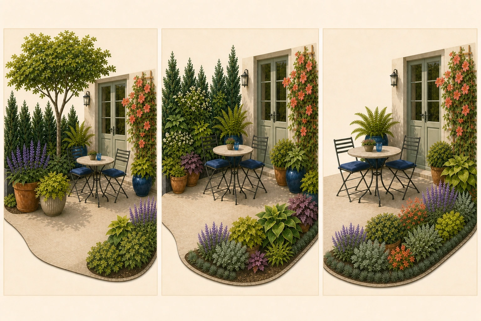 The same compact patio shown three times with a small shade tree, a layered privacy screen, and a low softened edge