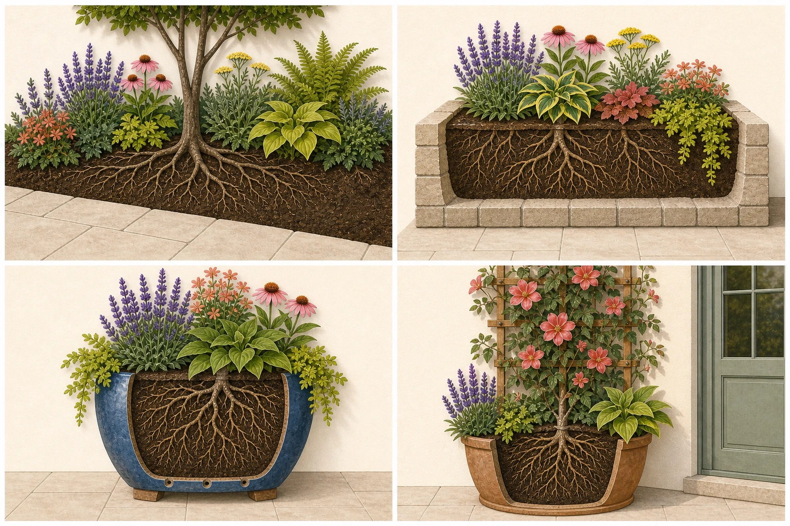 Cutaway comparison of an in-ground border, raised bed, large drained container, and climbing plant rooted in a planter beside a support