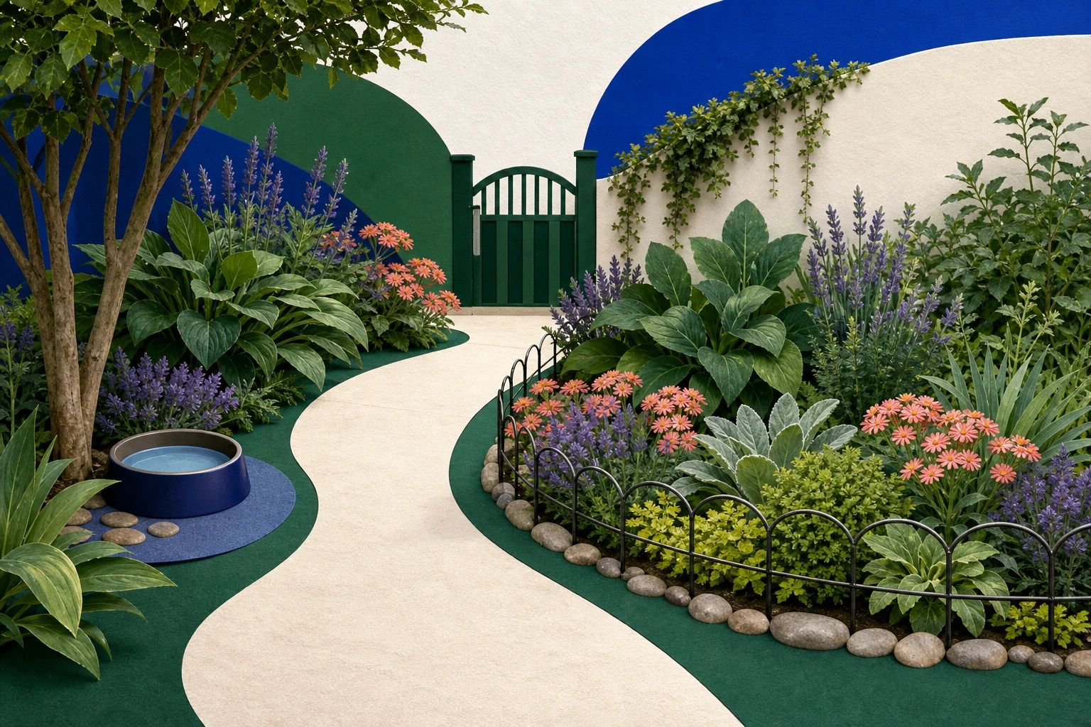 Dog-friendly garden collage with a clear path, protected planting bed, shade, water bowl, and secure gate