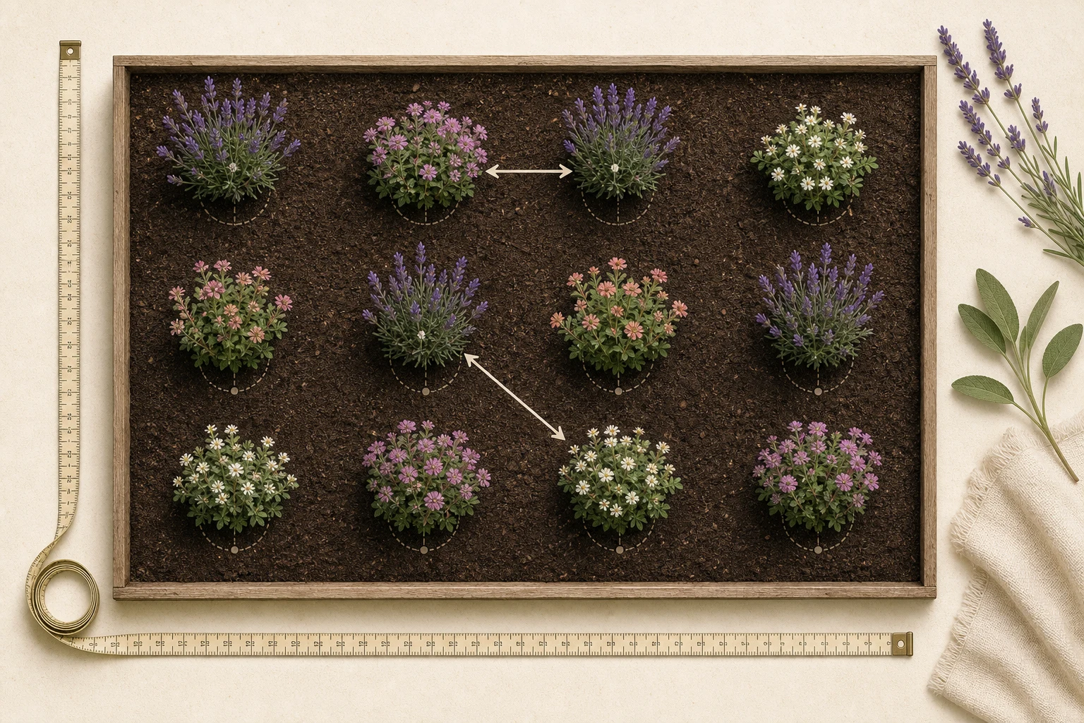 Measured garden bed with evenly spaced planting points