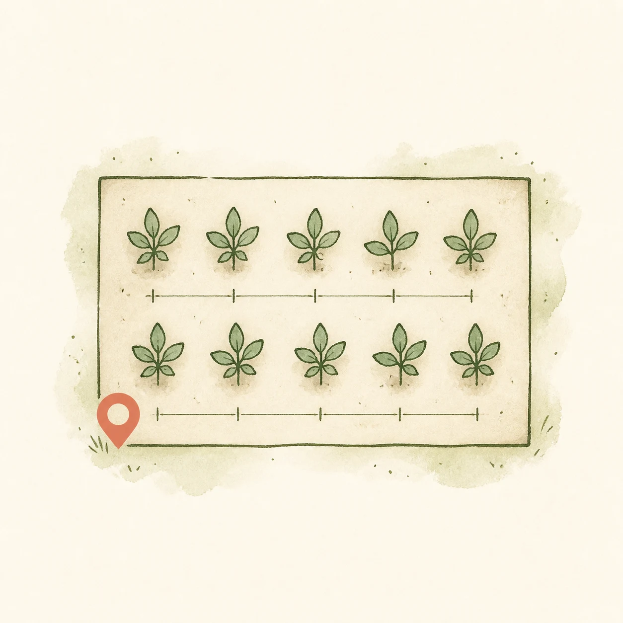 Ink-wash bed diagram with two rows of plant centers and a coral start pin