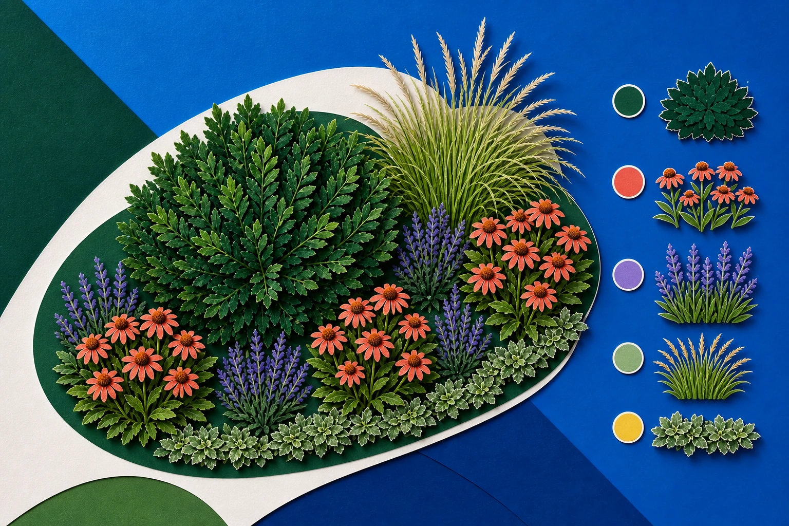 Top-down colorful botanical collage of a grouped planting bed and matching plant-role cutouts on a cobalt background