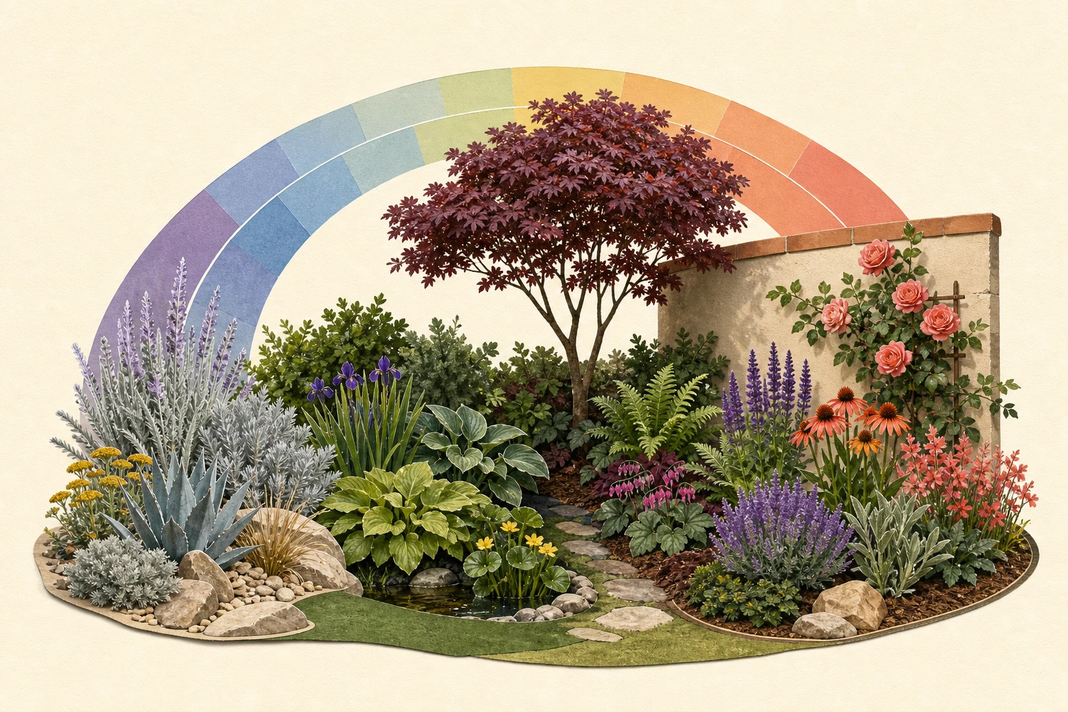 Botanical collage of one garden with sunny dry, moist, shaded, and warm wall planting pockets beneath a cold-temperature color band