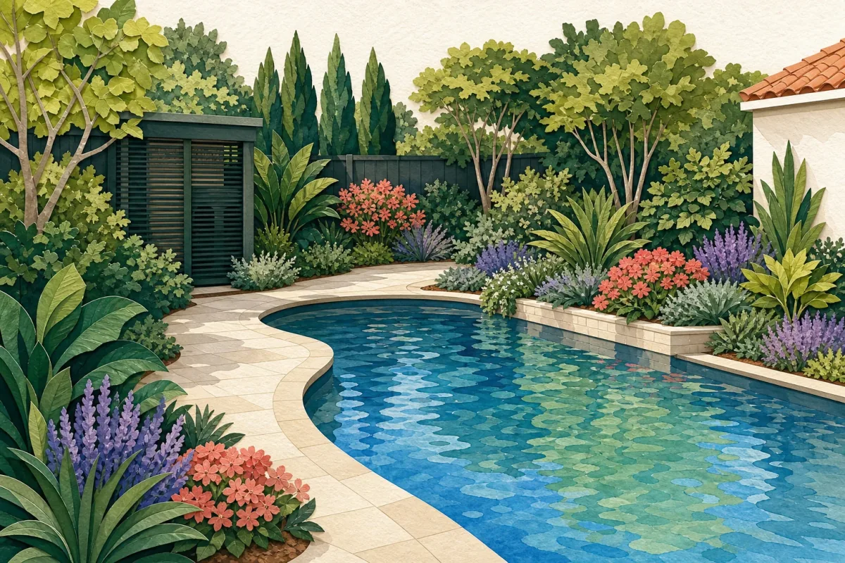 Residential pool with clear walking edges, a shaded seating zone, layered privacy planting, low poolside plants, and open access to the gate and equipment