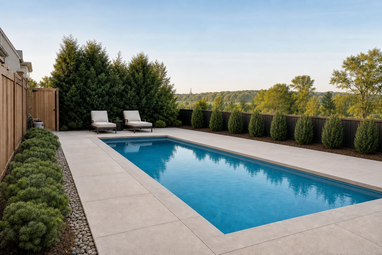 Residential pool with privacy planting concentrated behind the loungers, repeated upright forms along part of the boundary, a low foliage edge, clear circulation, and an open view to distant trees