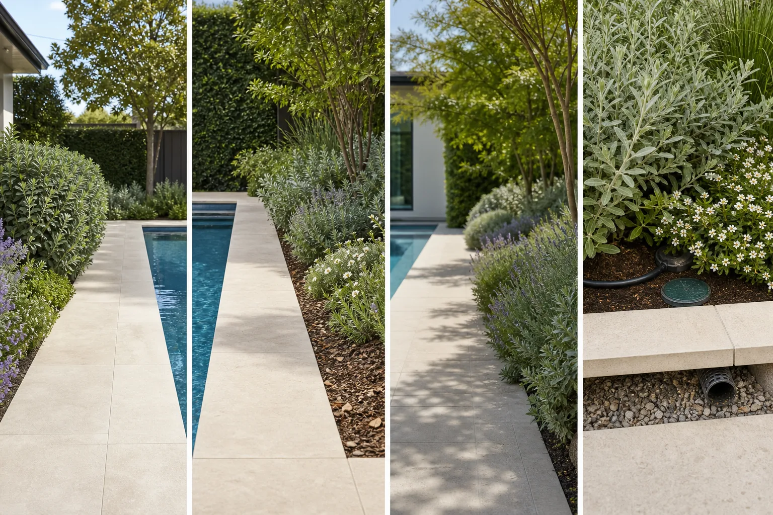 Four views of the same pool edge showing mature plant clearance, litter falling into the bed instead of the pool, soft planting set back from contact, and serviceable soil beside the deck