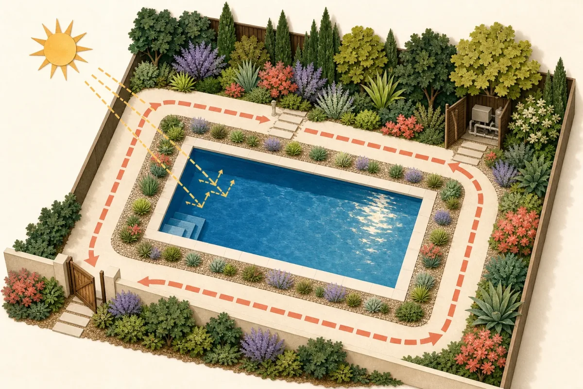 Top-down pool plan showing an open gate, clear walking loop, pool equipment access, seating and shade zone, open safety sightline, and three planting areas