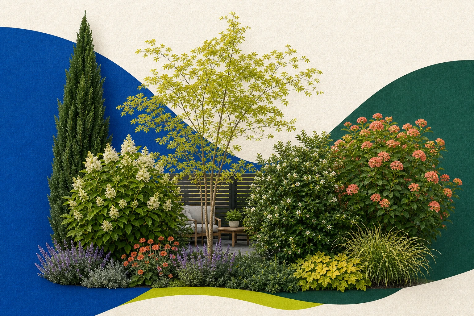 Layered botanical collage of an evergreen, small tree, shrubs, and flowers screening a patio