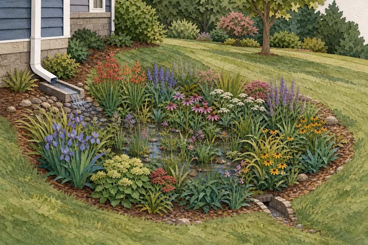Residential rain garden receiving roof runoff through a planted inlet, with a shallow basin, layered native-style planting, and a safe overflow route