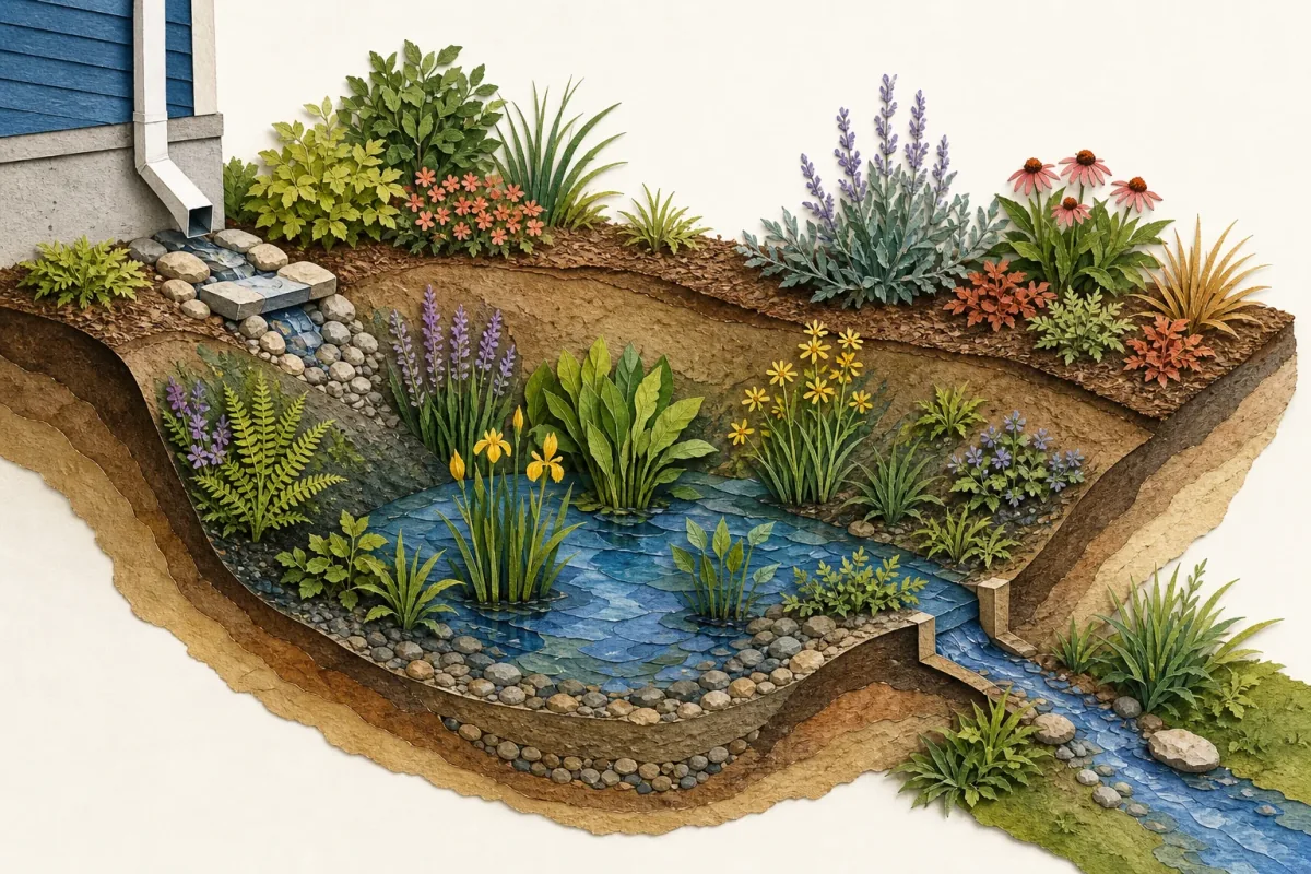 Cutaway rain garden showing a wetter basin bottom, periodically wet side slopes, a drier rim, an inlet, and an overflow notch
