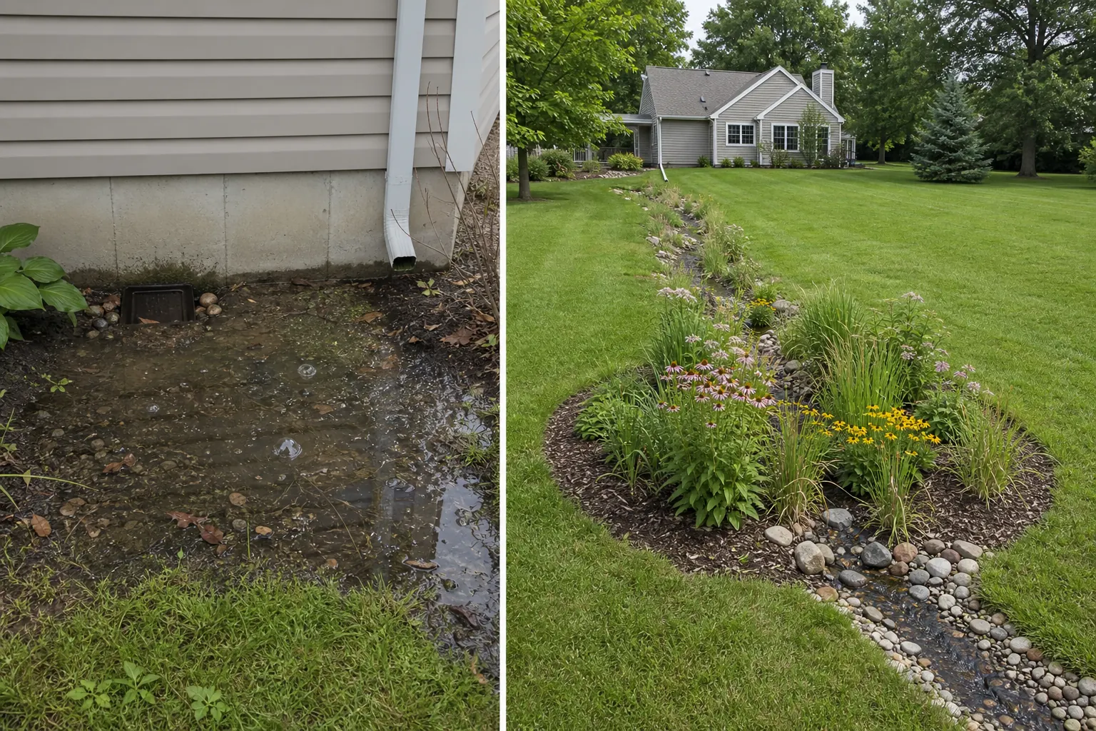 Comparison of an unexplained wet area directly against a house foundation and a separate shallow planted basin reached by a long visible runoff route across the yard