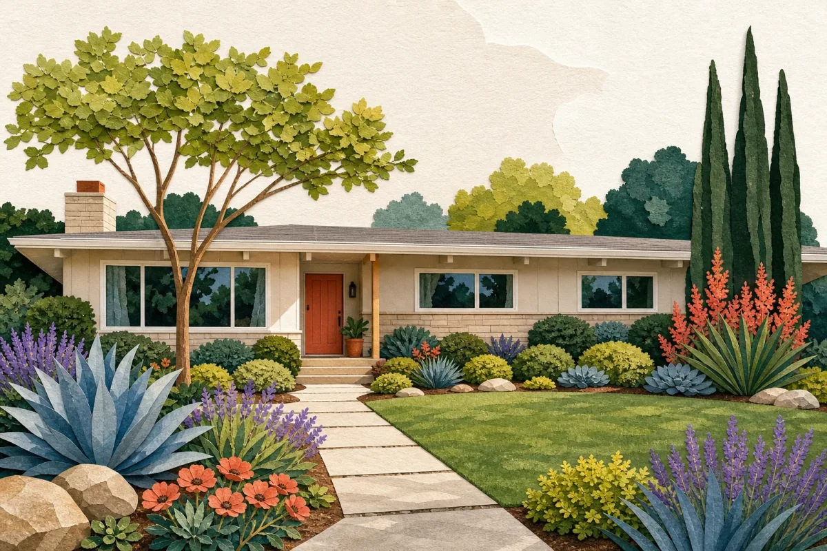 Single-story ranch house with a clear front walk, one offset small tree, broad layered planting masses, and open windows
