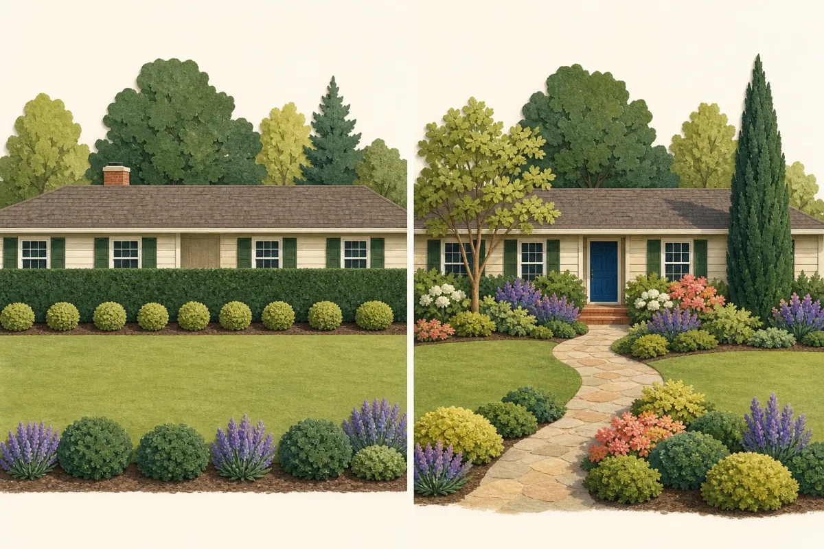 The same ranch house compared with a continuous clipped shrub row on the left and a composed layout with a clear entry, one tree, and repeated masses on the right