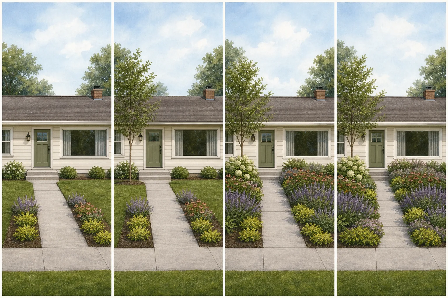 Four views of the same ranch facade progressively clarifying the entry, adding an offset tree, building broad repeated plant masses, and finishing with a low window layer