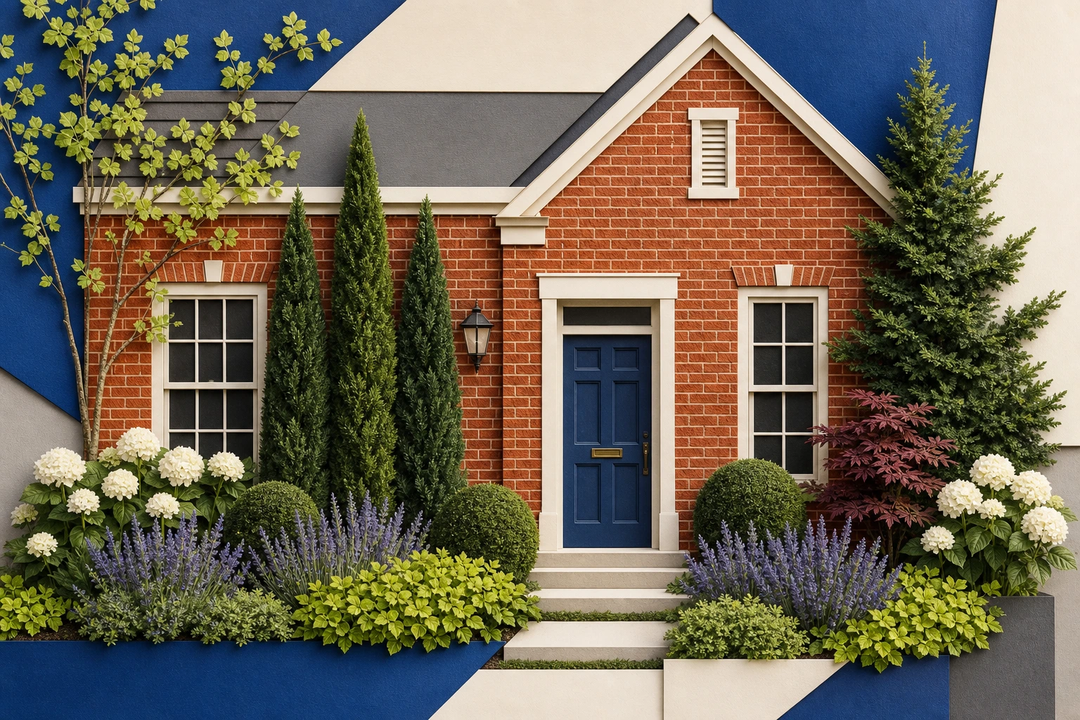 Red brick house collage with a blue door, visible windows, green shrubs, white flowers, lavender flowers, and chartreuse edging