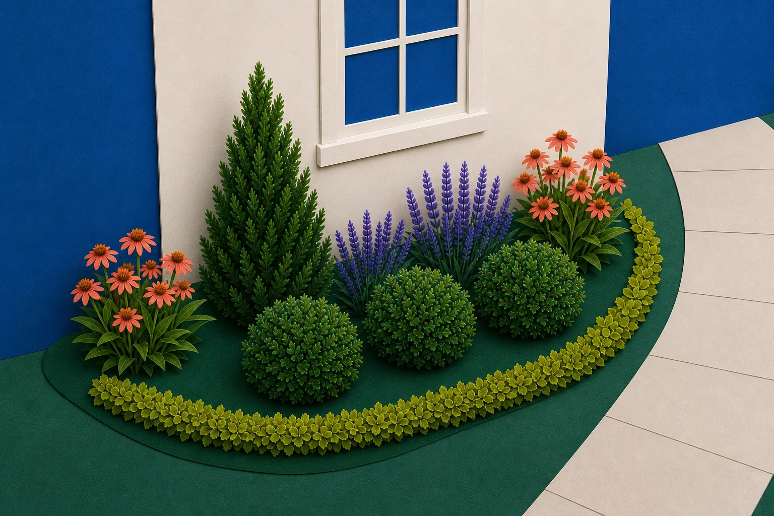 Oblique planting plan showing an entry bed with one anchor, repeated shrubs, two flower groups, and a low path edge