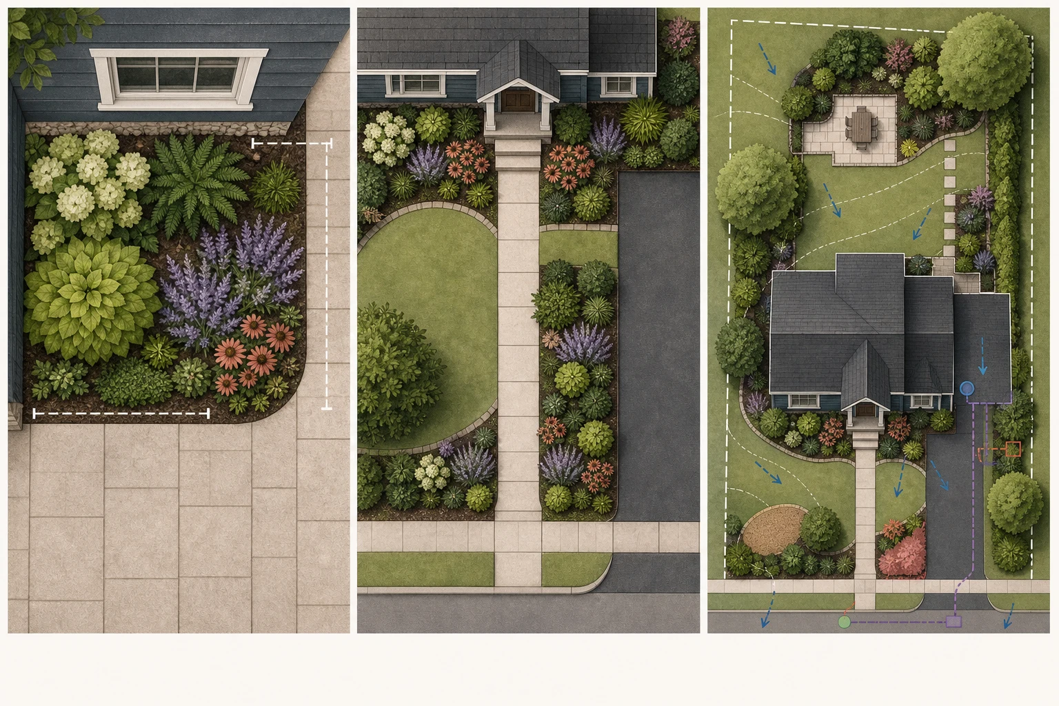 Three planning scales showing a measured bed, an entry zone, and a whole-yard plan with site decisions widening at each scale
