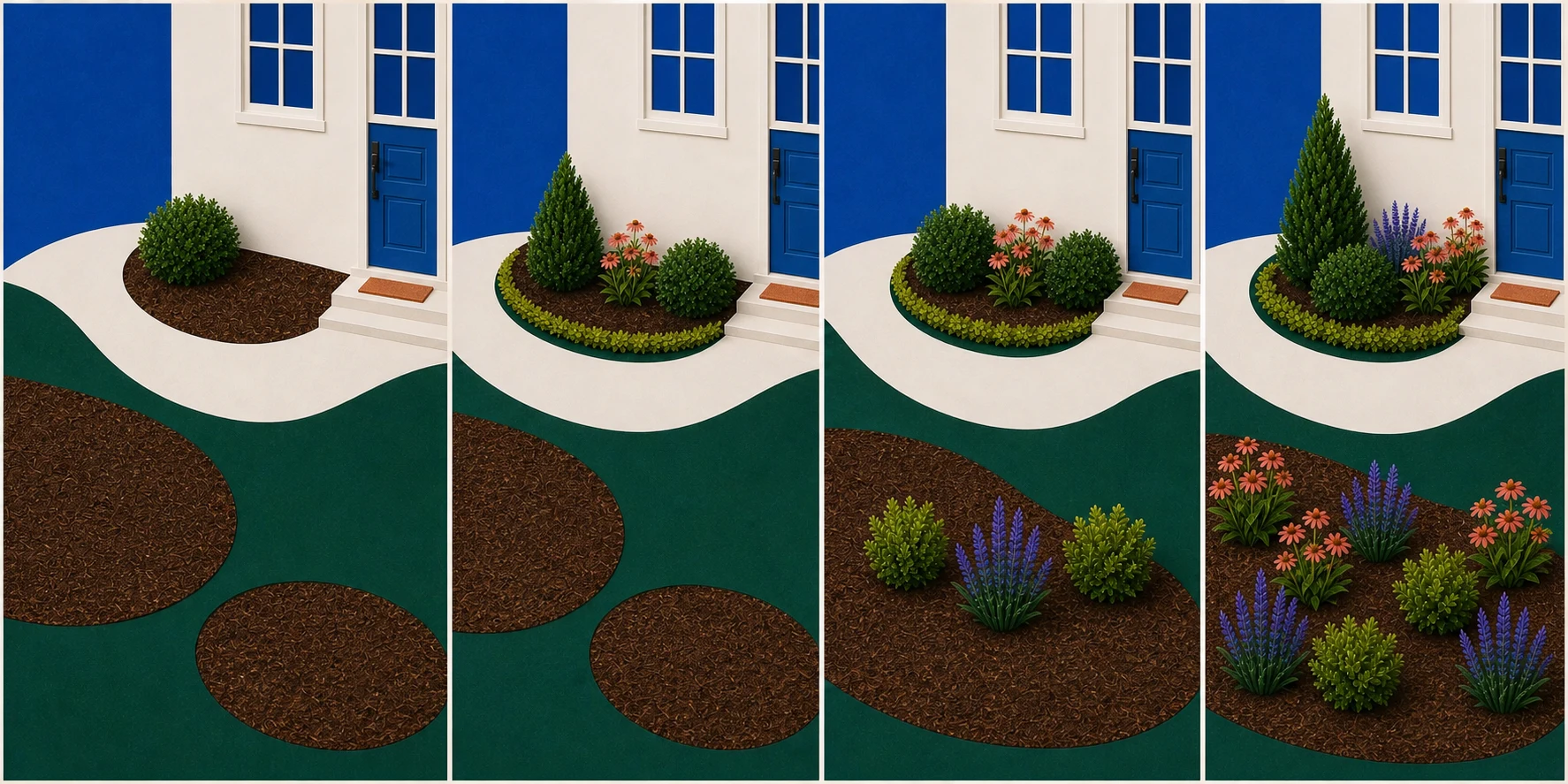 Four-stage sequence showing a foundation bed completed from the entry outward